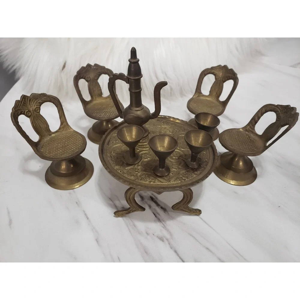 Vintage Brass‎ Dollhouse Table & Chairs And Tea Set Mini 10 piece